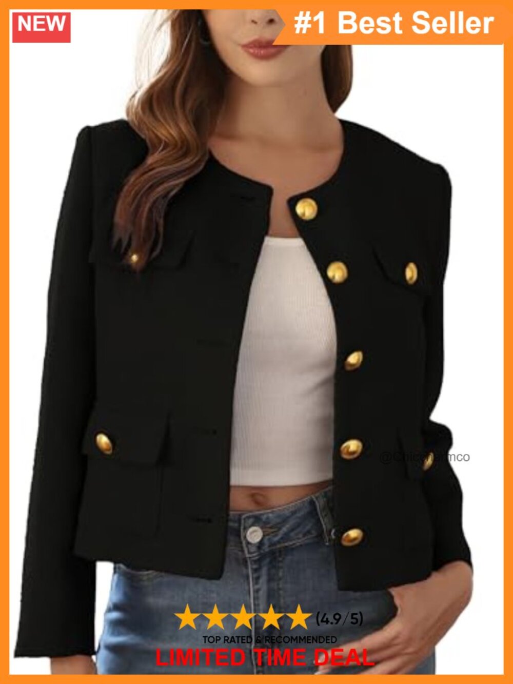 Cropped Tweed Blazer Collarless Gold Button Business Casual